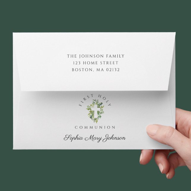 Elegant Green Botanical Cross First Communion Envelope (Elegant Green Botanical Cross First Communion Envelope)
