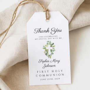 Elegant Green Botanical Cross First Communion  Gift Tags