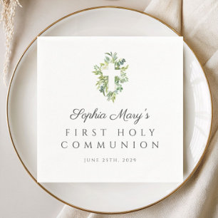 Elegant Green Botanical Cross First Communion Napkins