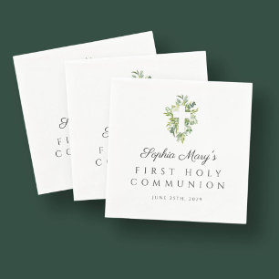 Elegant Green Botanical Cross First Communion  Napkins