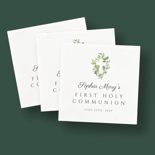 Elegant Green Botanical Cross First Communion  Napkins (Elegant Green Botanical Cross First Communion Napkins)