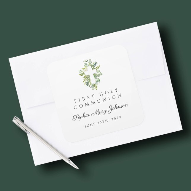 Elegant Green Botanical Cross First Communion Square Sticker (Elegant Green Botanical Cross First Communion Square Sticker)