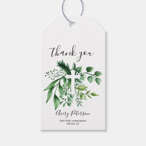 Elegant Green Botanical Cross First Holy Communion Gift Tags