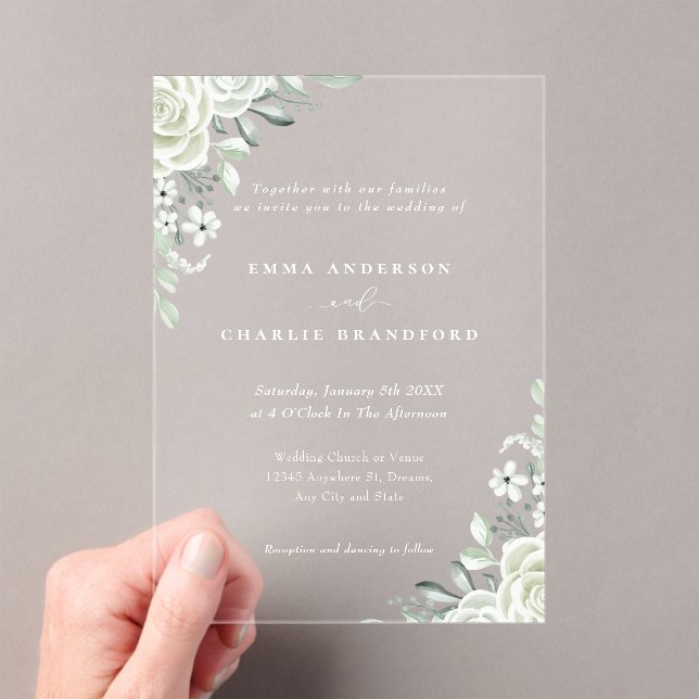 Elegant green Botanical flowers Script Wedding Acrylic Invitations (Insitu (Handheld))