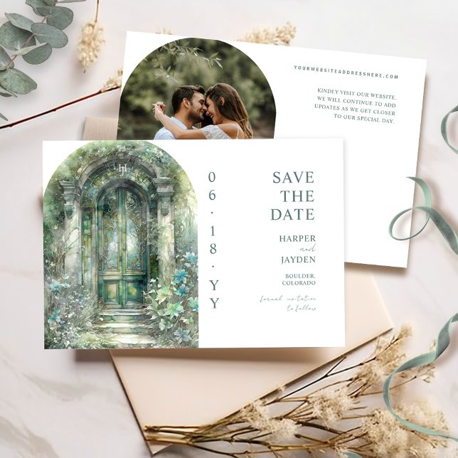 Elegant Green Botanical Garden Photo Wedding Save The Date (Creator Uploaded)