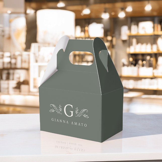 Elegant Green Botanical Monogram & Business Name Favor Boxes (Creator Uploaded)