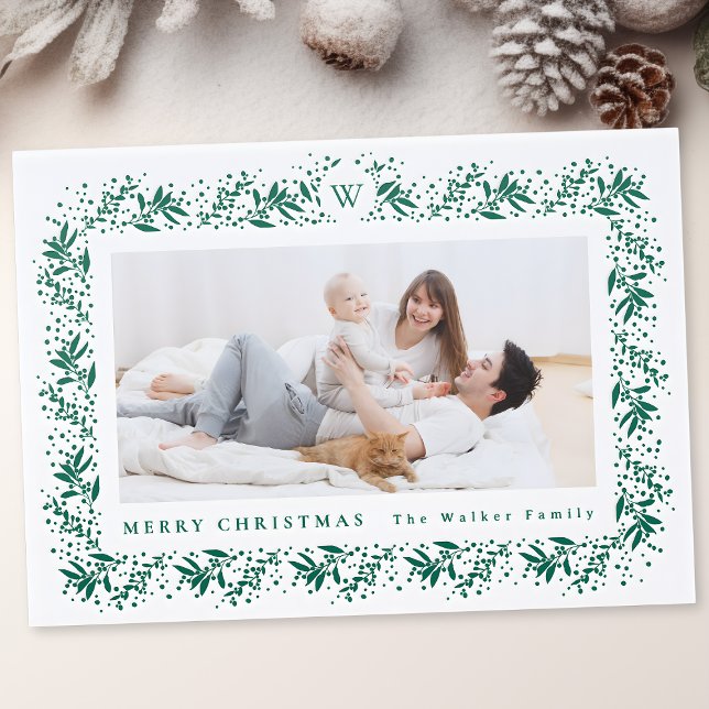 elegant green botanical monogram frame holiday letterpress photo cards (Creator Uploaded)