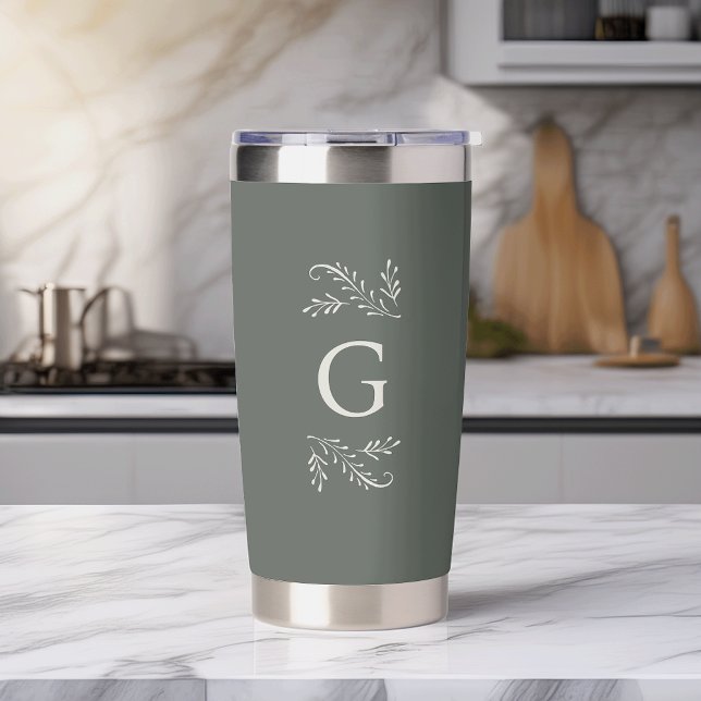 Elegant Green Botanical Monogram Insulated Tumbler (Creator Uploaded)