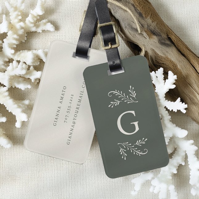 Elegant Green Botanical Monogram Luggage Tag (Creator Uploaded)