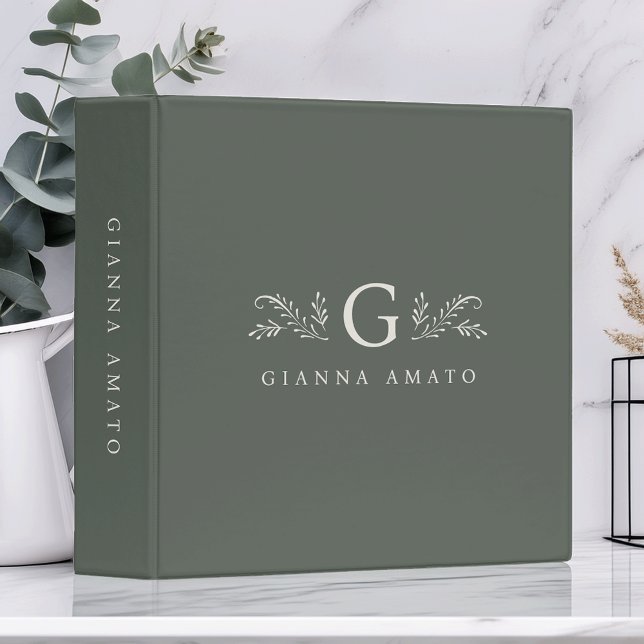 Elegant Green Botanical Monogram & Name 3 Ring Binder (Creator Uploaded)