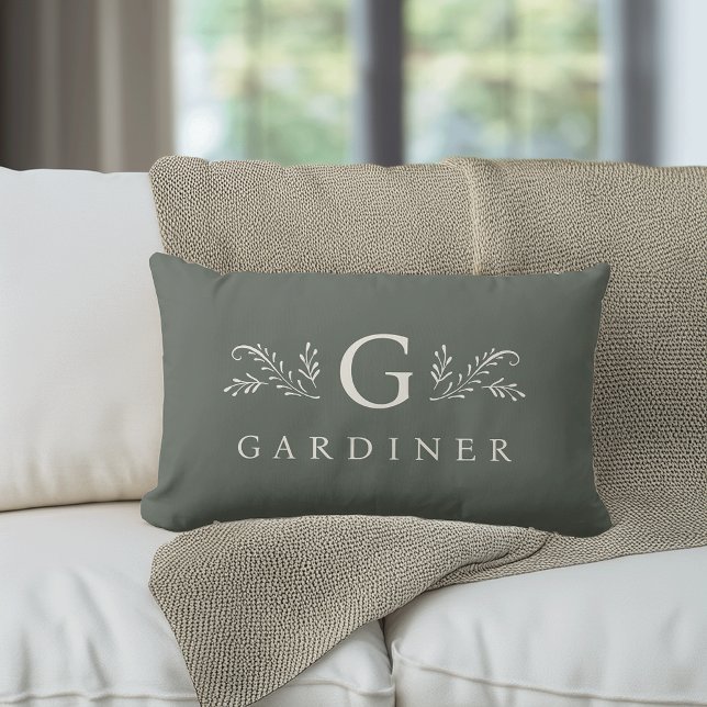 Elegant Green Botanical Monogram & Name Lumbar Pillow (Creator Uploaded)