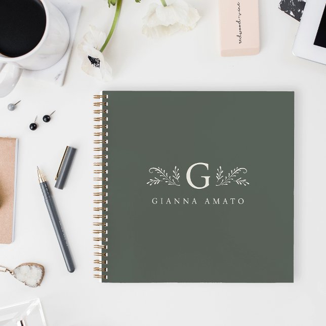 Elegant Green Botanical Monogram & Name Notebook (Creator Uploaded)