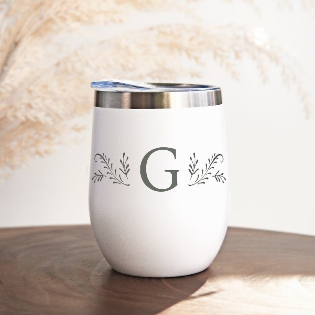 Elegant Green Botanical Monogram Thermal Wine Tumbler (Creator Uploaded)