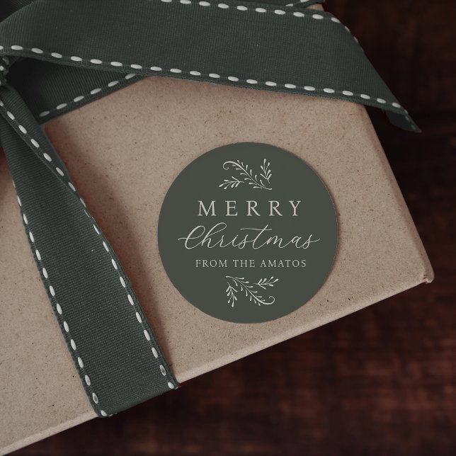 Elegant Green Botanical Personalized Christmas Classic Round Sticker (Creator Uploaded)