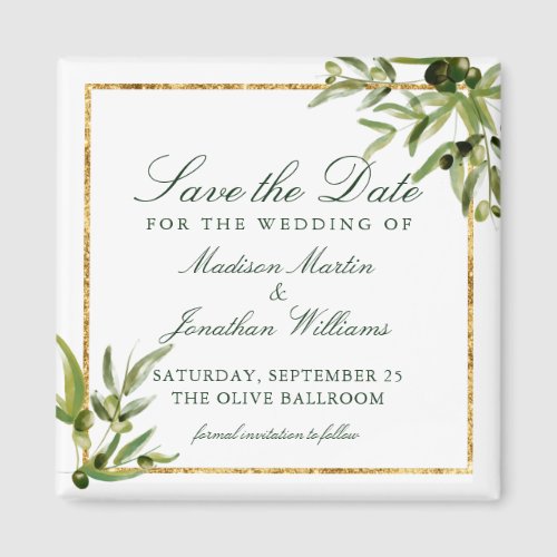 Elegant Green Botanical Vine Gold Save the Date Magnet