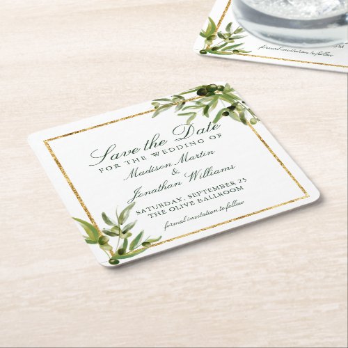 Elegant Green Botanical Vine Gold Save the Date Square Paper Coaster