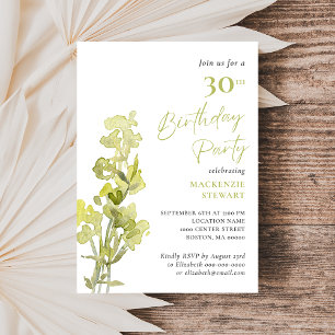 Elegant Green Botanical Watercolor 30th Birthday Invitation