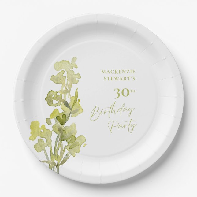 Elegant Green Botanical Watercolor 30th Birthday Paper Plates (Front)
