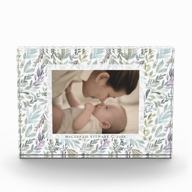 Elegant Green Botanical Watercolor Photo Block (Front)