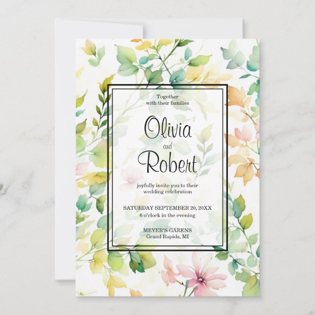 Elegant green botanical watercolor wildflowers  invitation (Front)