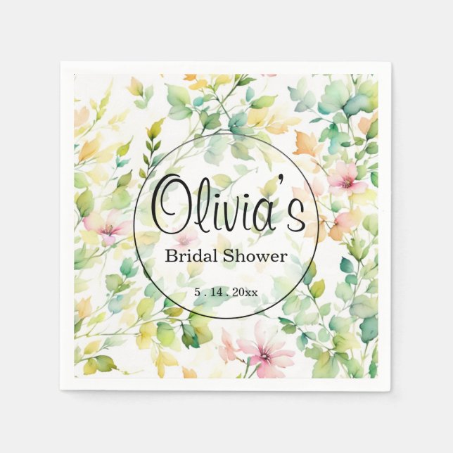 Elegant green botanical watercolor wildflowers  napkins (Front)