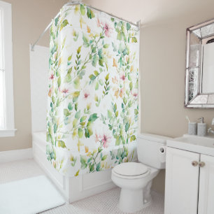 Elegant green botanical watercolor wildflowers shower curtain