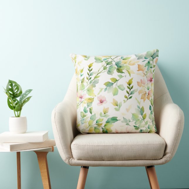 Elegant green botanical watercolor wildflowers  throw pillow (Chair)