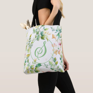 Elegant green botanical watercolor wildflowers  tote bag