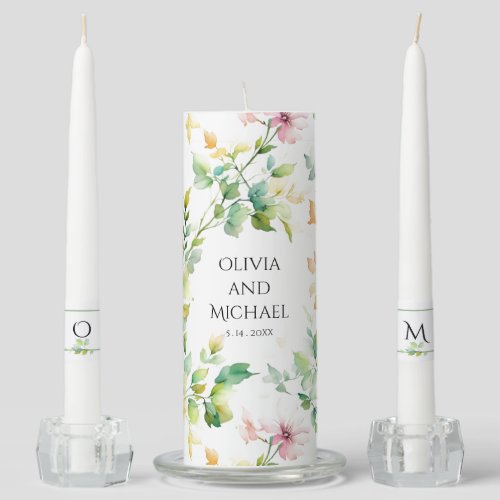 Elegant green botanical watercolor wildflowers  unity candle set