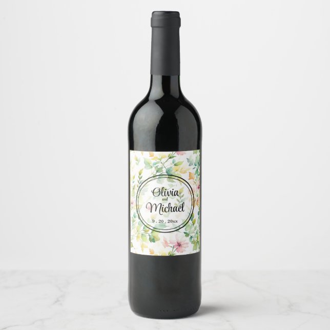 Elegant green botanical watercolor wildflowers  wine label (Front)