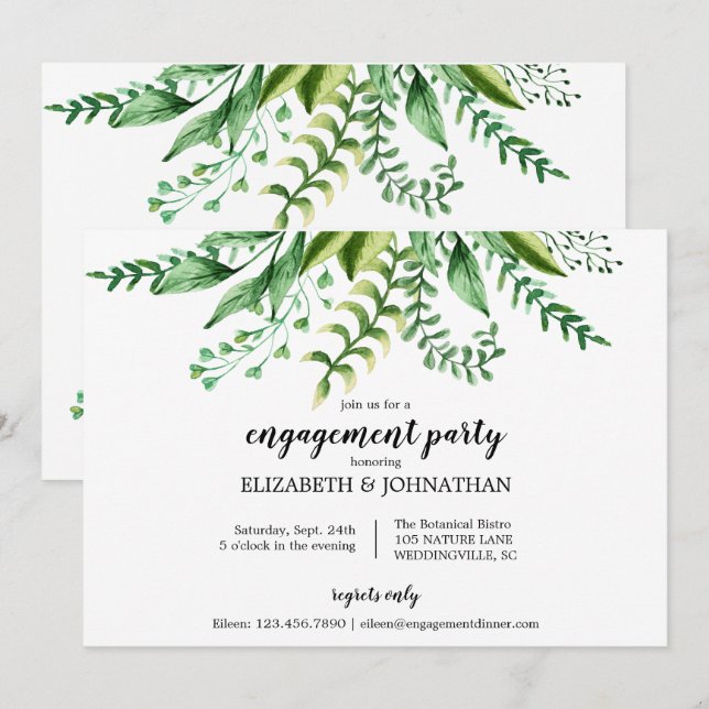 Elegant Green Botanical Wedding Engagement Party Invitation (Front/Back)