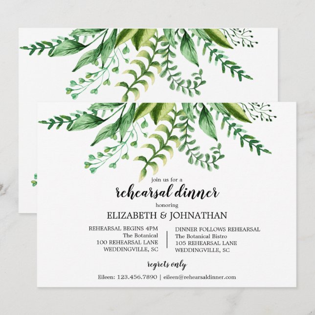 Elegant Green Botanical Wedding Rehearsal Dinner Invitation (Front/Back)