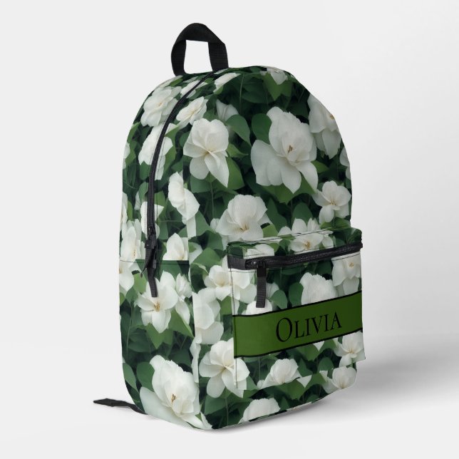 Elegant green botanical white floral personalized  printed backpack (Back Corner Left)