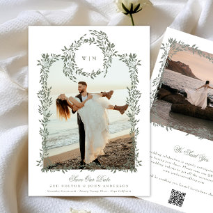 Elegant Green Botanical Wreath Frame Photo Wedding Save The Date