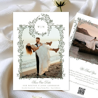 Elegant Green Botanical Wreath Frame Photo Wedding Save The Date