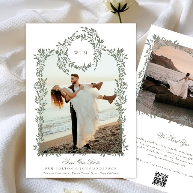 Elegant Green Botanical Wreath Frame Photo Wedding Save The Date (Creator Uploaded)