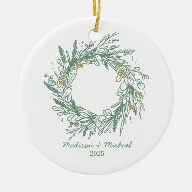 Elegant Green Botanical Wreath Wedding Ceramic Ornament (Front)