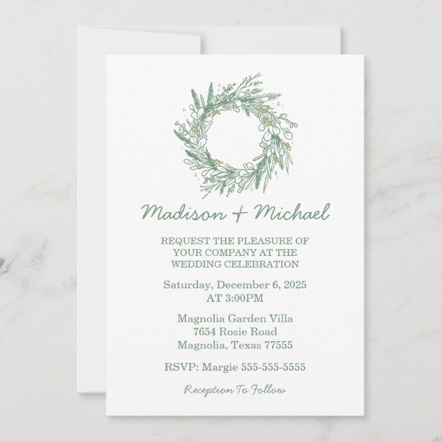 Elegant Green Botanical Wreath Wedding Invitation (Front)