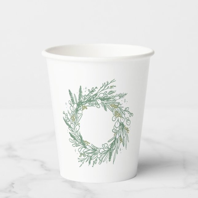 Elegant Green Botanical Wreath Wedding Paper Cups (Front)