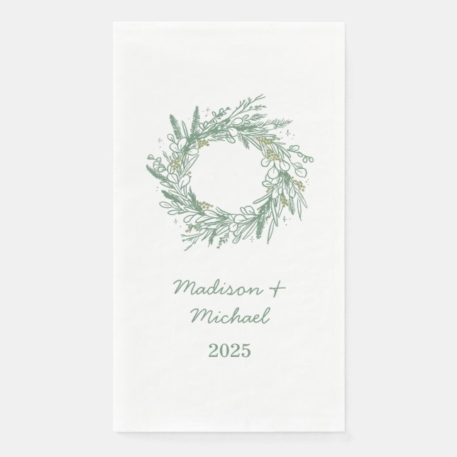 Elegant Green Botanical Wreath Wedding Paper Guest Towels (Front)