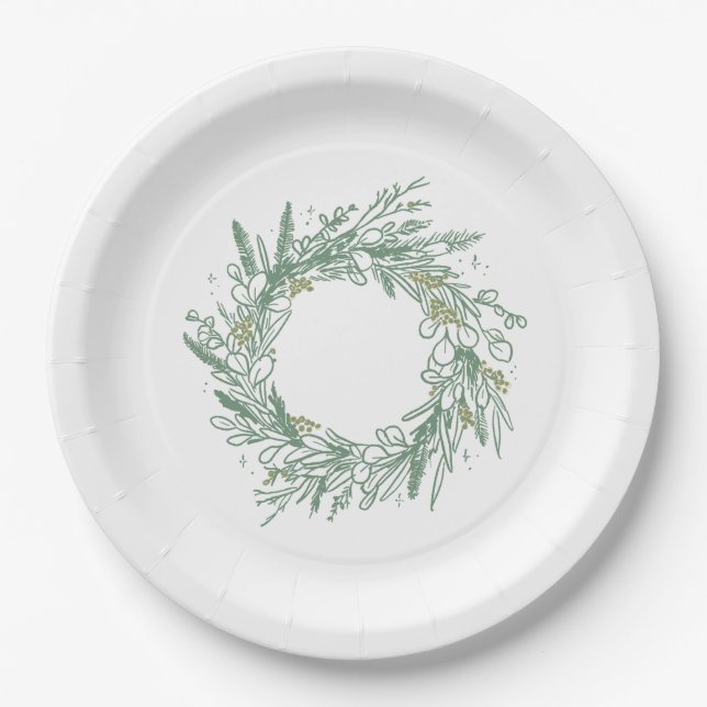 Elegant Green Botanical Wreath Wedding Paper Plates (Front)