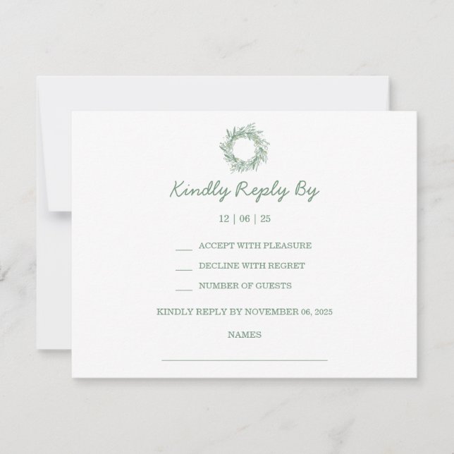 Elegant Green Botanical Wreath Wedding RSVP Card (Front)