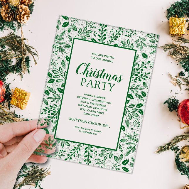 Elegant Green Botanicals Christmas Party Acrylic Invitations (Elegant green botanicals border CLEAR ACRYLIC Christmas holiday party invitations)