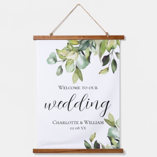 Elegant Green Botanicals Welcome To Our Wedding Hanging Tapestry
