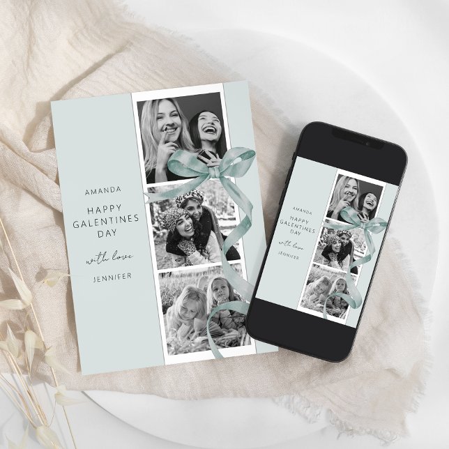 Elegant Green Bow 3 Photo Galentines Day Card (Creator Uploaded)
