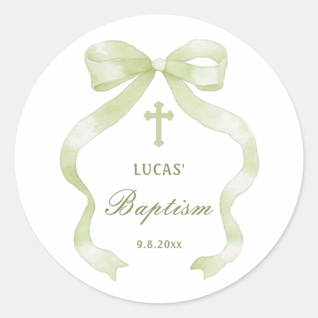 Elegant Green Bow Baptism Classic Round Sticker (Front)