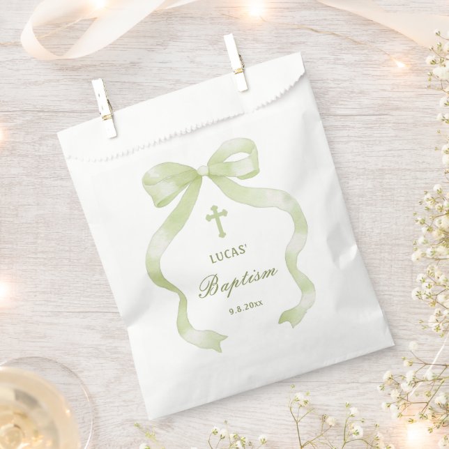 Elegant Green Bow Baptism Favor Bag (Clipped)