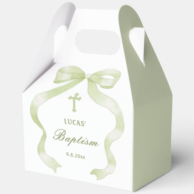 Elegant Green Bow Baptism Gable Favor Boxes (Front)