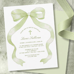 Elegant Green Bow Baptism Invitation