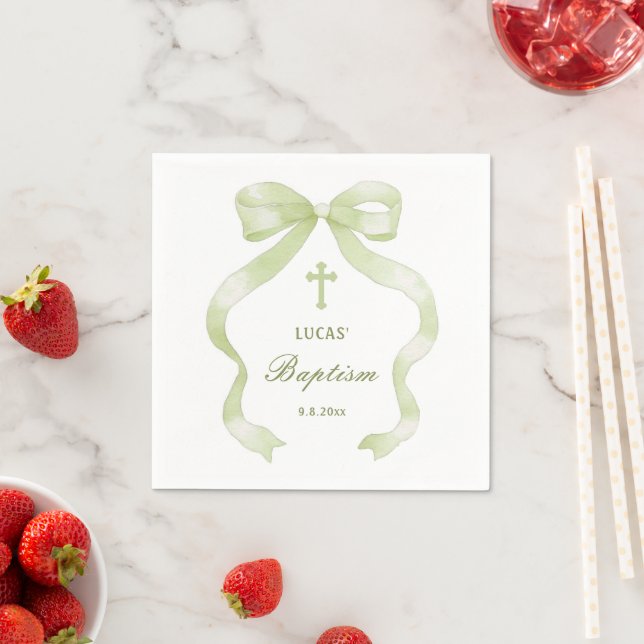 Elegant Green Bow Baptism Napkins (Insitu)